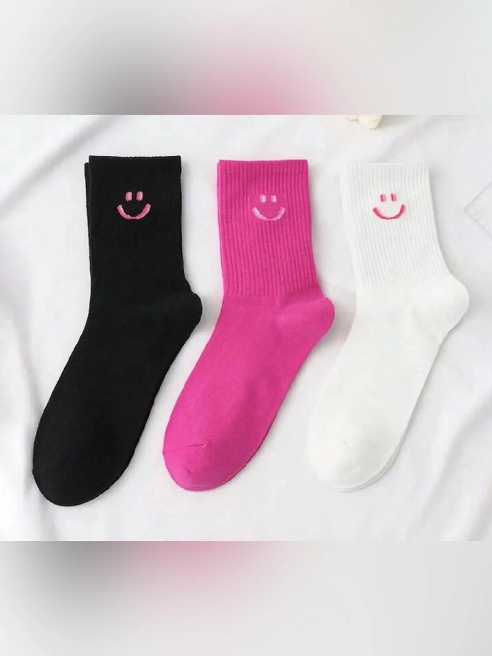 Smiley Crew Socks - Black, Pink & White (3-Pack)